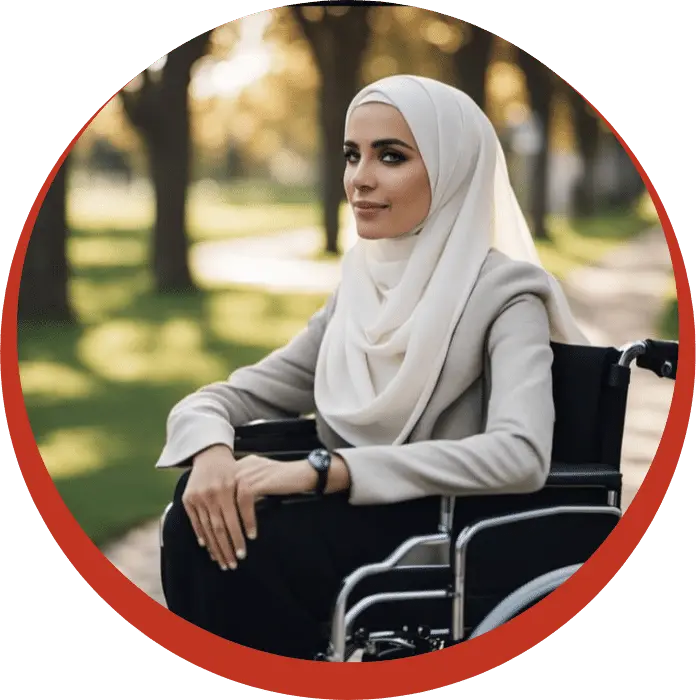 Muslim woman in wheelchair smiling at camera